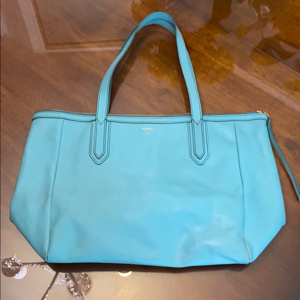 Fossil Aqua Blue Large Shopper Zipper Tote